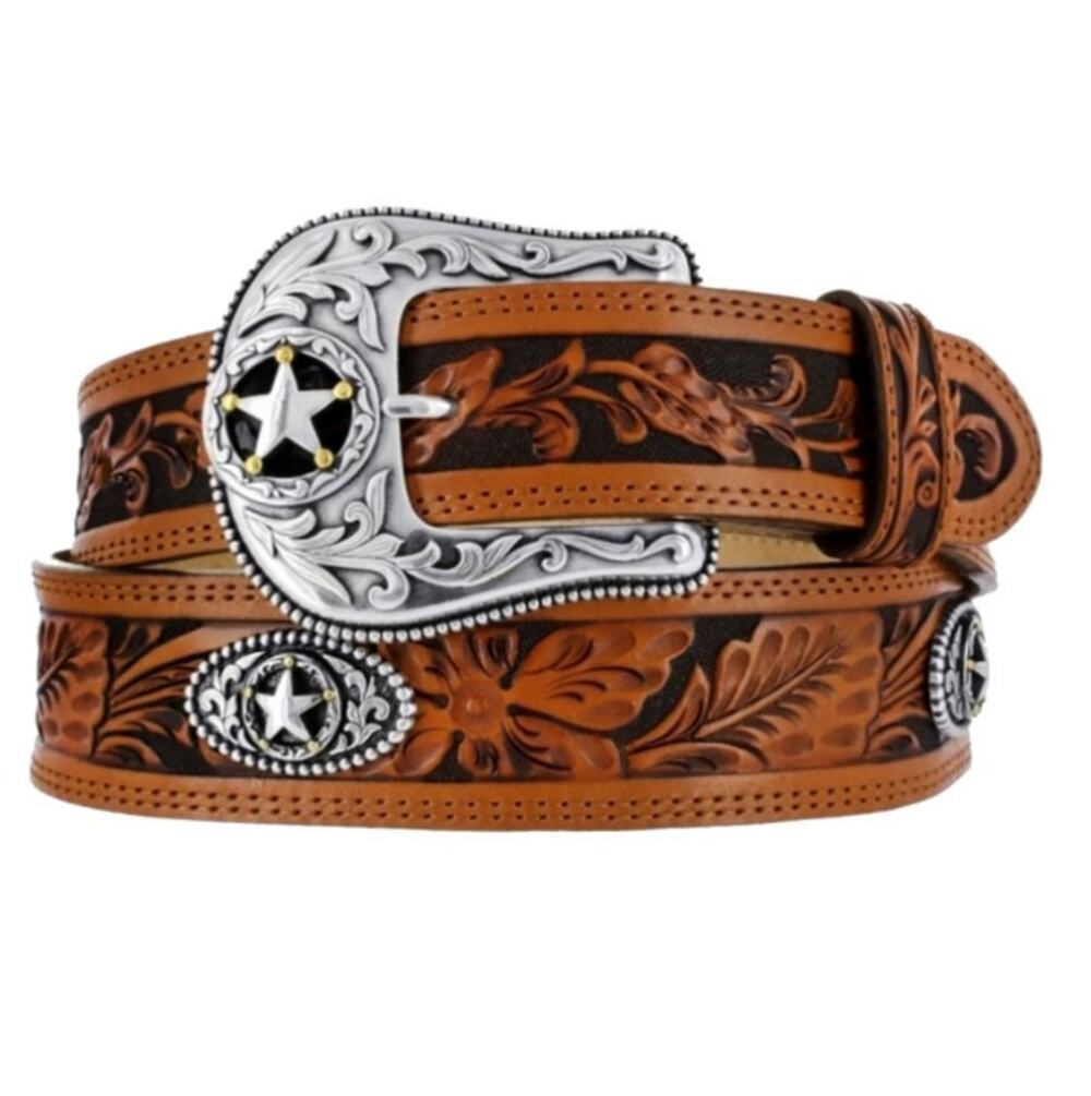 Justin Men's Tan Floral 5 Star Ranch Tooled Western Belt Size 32